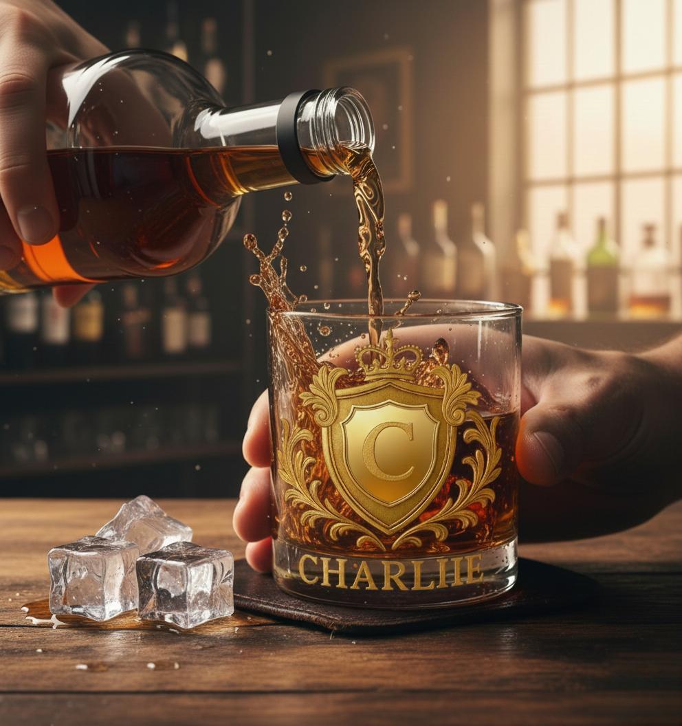 Custom Golden 3D Badge 10 oz Rock Whiskey Glass Birthday Gift - Cheers with Legendary Man - 