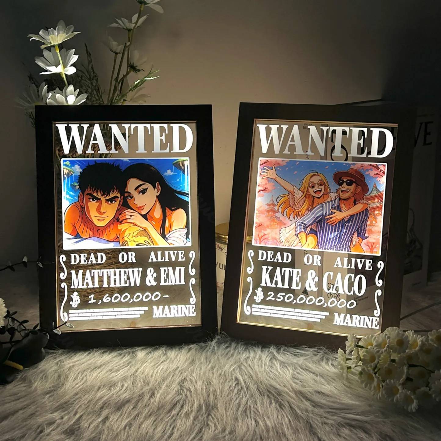 Personalized Anime Wanted Couple Portrait Led Light Frame - Photowatch