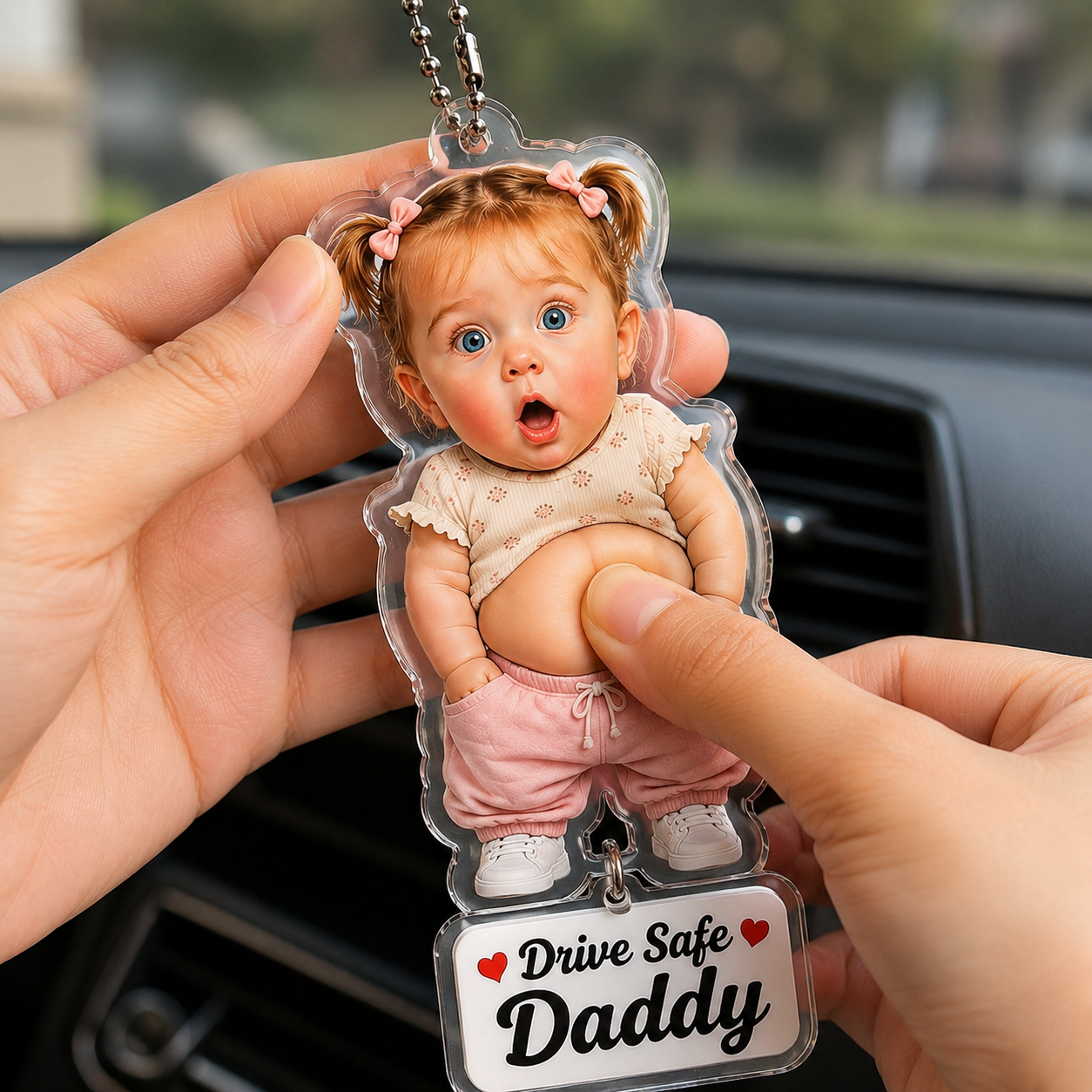 Custom Squeeze Style Car Hanging Ornament from Photo, Personalized Drive Safe Daddy Gift for Father’s Day