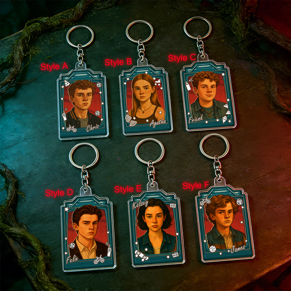 Custom 80s Retro Mystery-Style Keychain | Neon Synth Portrait | Personalized Name Gift