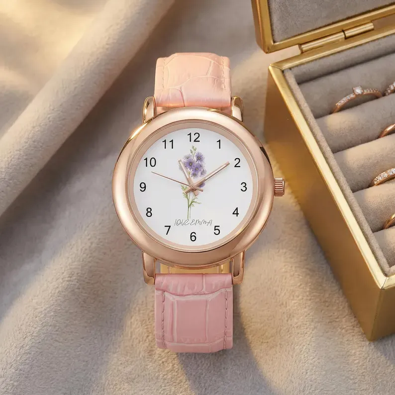 Birth Flower Custom Watch for MOM, Personalized Floral Wrist Watch, Mothers Day Gift, Birthday Gift for Her, Engraved Name Watch