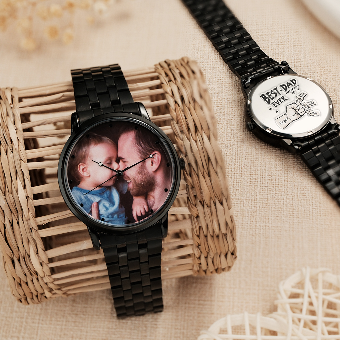 Custom Photo Watch Men's Black Alloy Bracelet Holding Hands Engraved Name Watch Father's Day Gift For Dad - soufeelus
