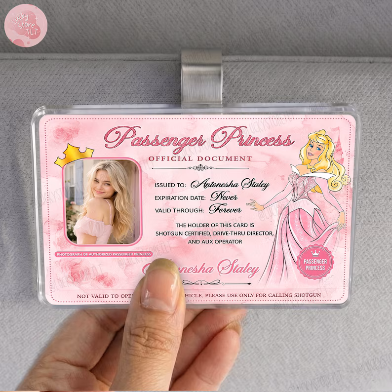 Personalized Princess Passenger ID Card, Jasmine Car Accessory, Custom Photo & Name Car Visor Clip, Gift for Her