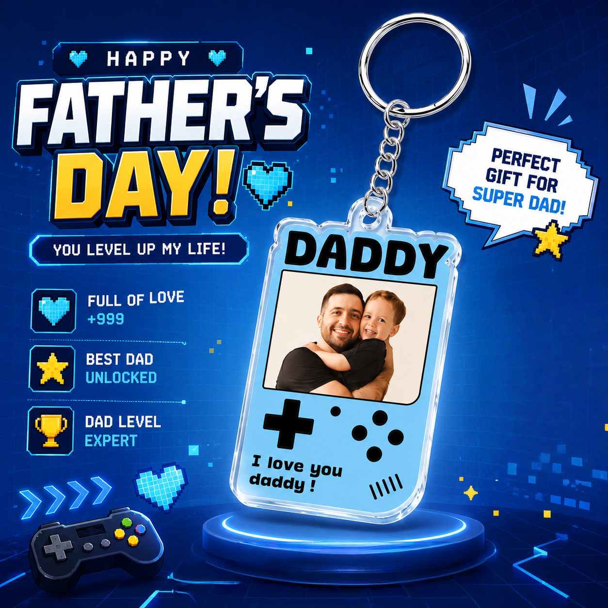 Custom Retro Game Console Photo Keychain for Dad – Personalized Acrylic Keychain from Photo, Father’s Day Gift for Daddy, Cute Gamer Style Keepsake