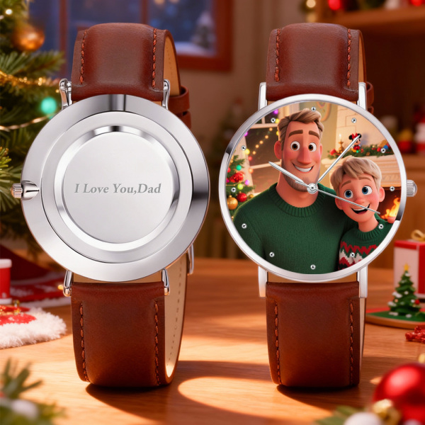 Personalized Engraved Watch, Photo Watch With Black Leather Strap