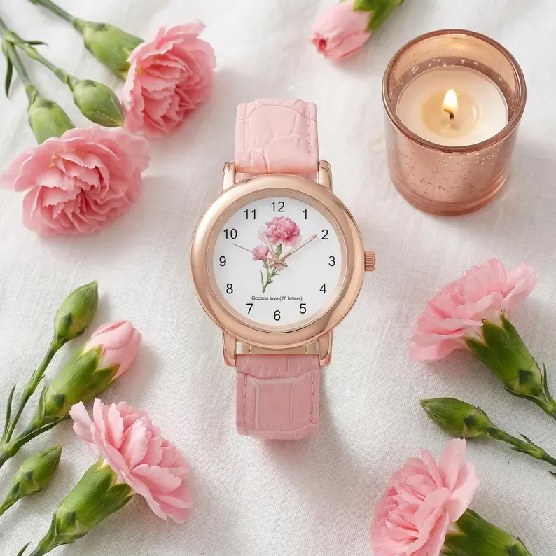 Birth Flower Custom Watch for MOM, Personalized Floral Wrist Watch, Mothers Day Gift, Birthday Gift for Her, Engraved Name Watch