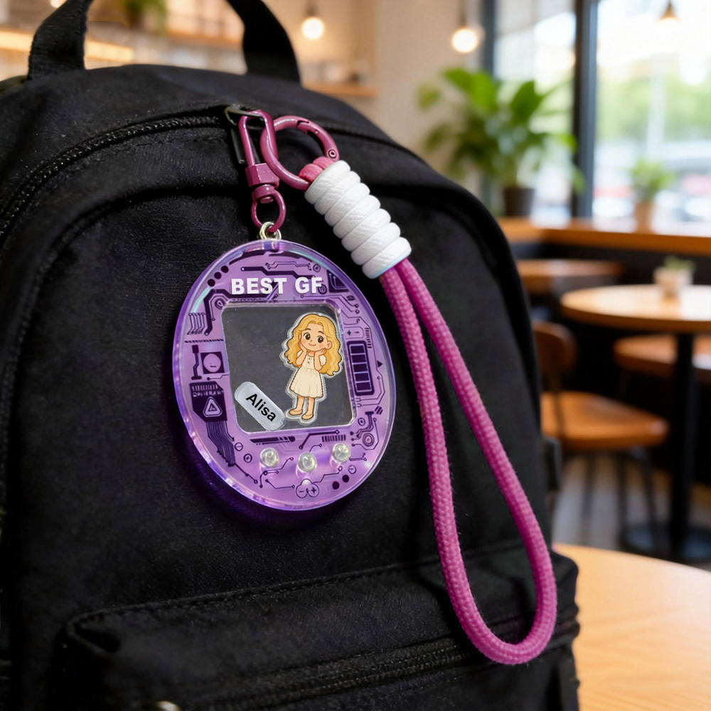 Personalized Shaker Couple Keychain, Custom Cartoon Portrait with Names, Tamagotchi Style Gift