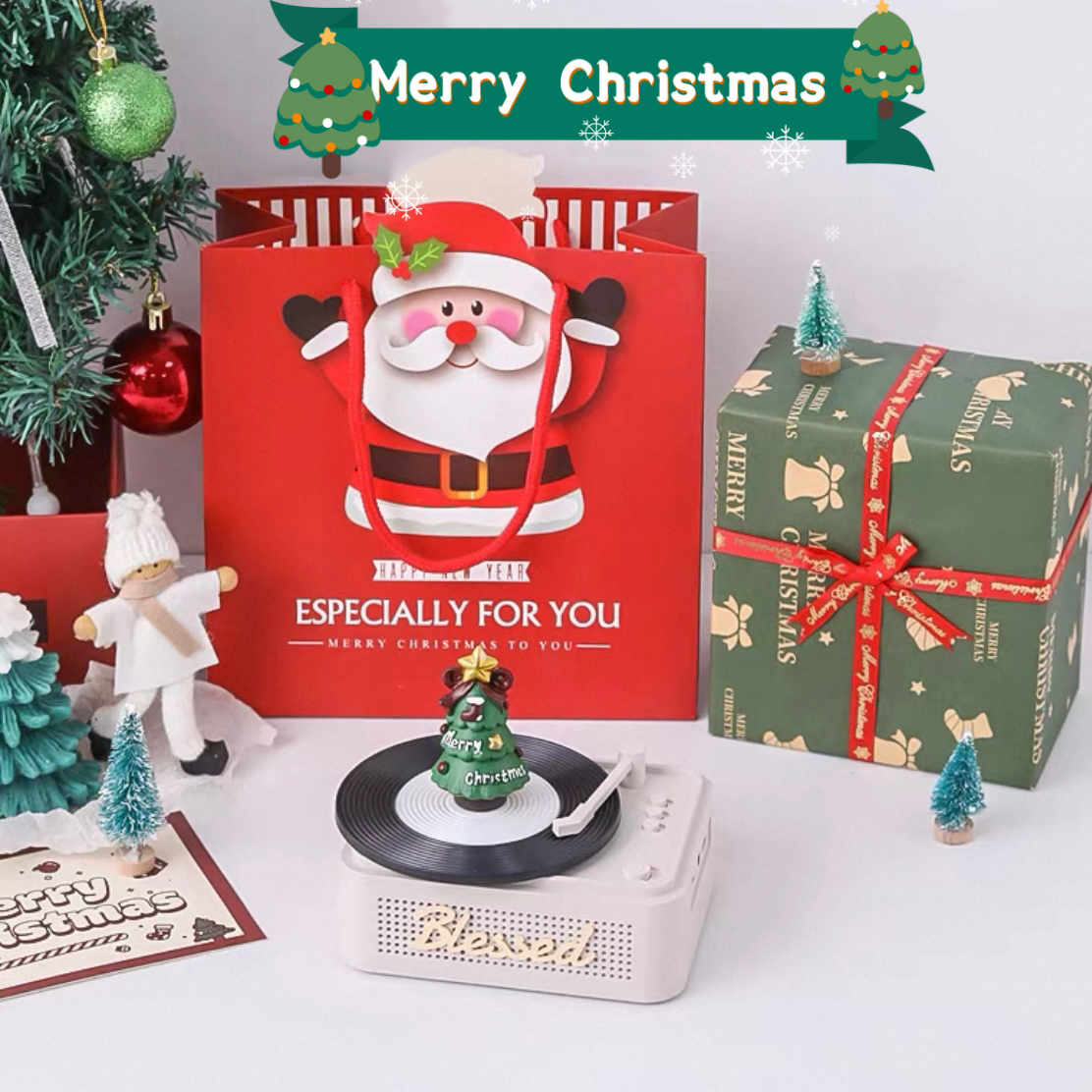 Christmas Retro Record Player Bluetooth Speaker | Rotating Christmas Tree Decor | Festive Gift with Music & Light