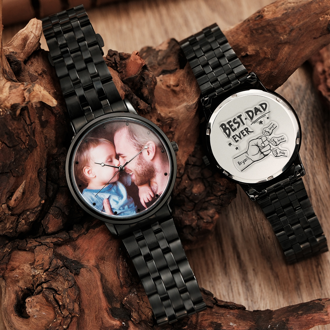 Custom Photo Watch Men's Black Alloy Bracelet Holding Hands Engraved Name Watch Father's Day Gift For Dad - soufeelus