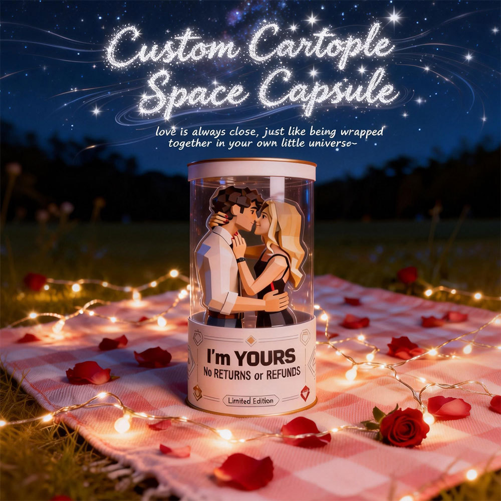 Custom Photo Cartoon Couple Space Capsule Personalized Low-Poly Decorative Ornament – A Special Gift for Her