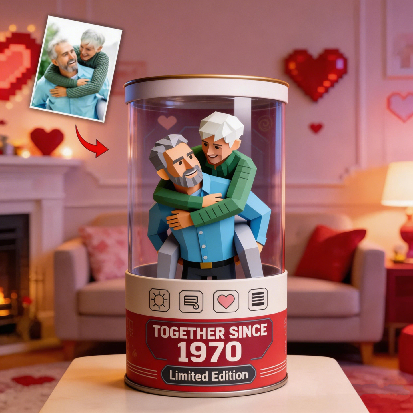 Custom Photo Cartoon Couple Space Capsule Personalized Low-Poly Decorative Ornament – A Special Gift for Her