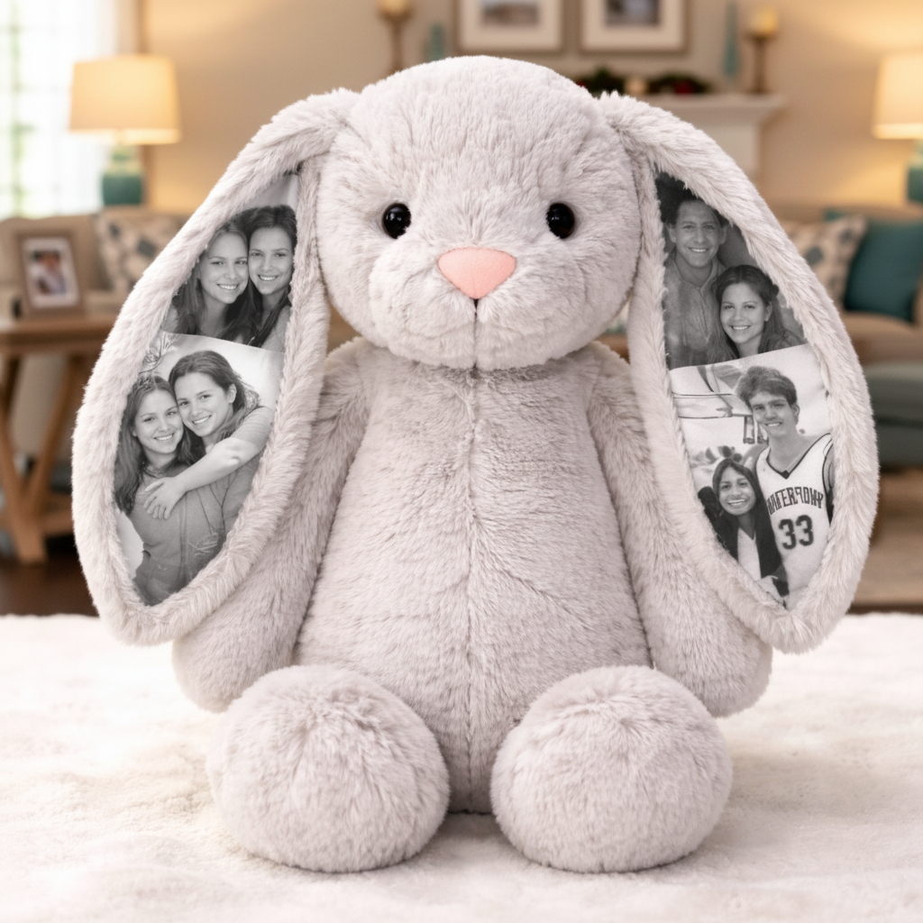 Custom Photo Bunny Plush – Personalized Hidden Ear Picture Bunny Gift for Couples Anniversary Mother's Day Gifts