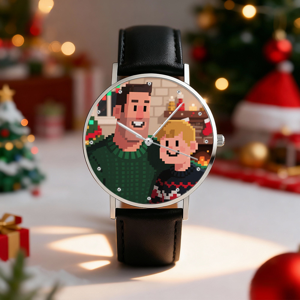 Personalized Engraved Watch, Photo Watch With Black Leather Strap