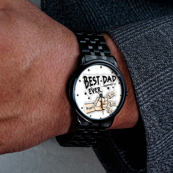 Custom Engraved Watch Men's Black Alloy Watch Holding Hands Bracelet Father's Day Gift for Dad - photowatch
