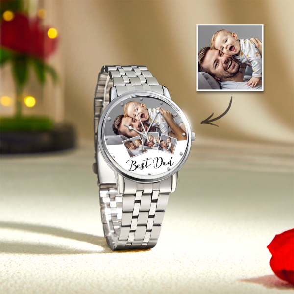 Personalized Engraved Photo Watch Men's Black Alloy Bracelet Photo Watch Father's Day Gifts For Dad - soufeelus