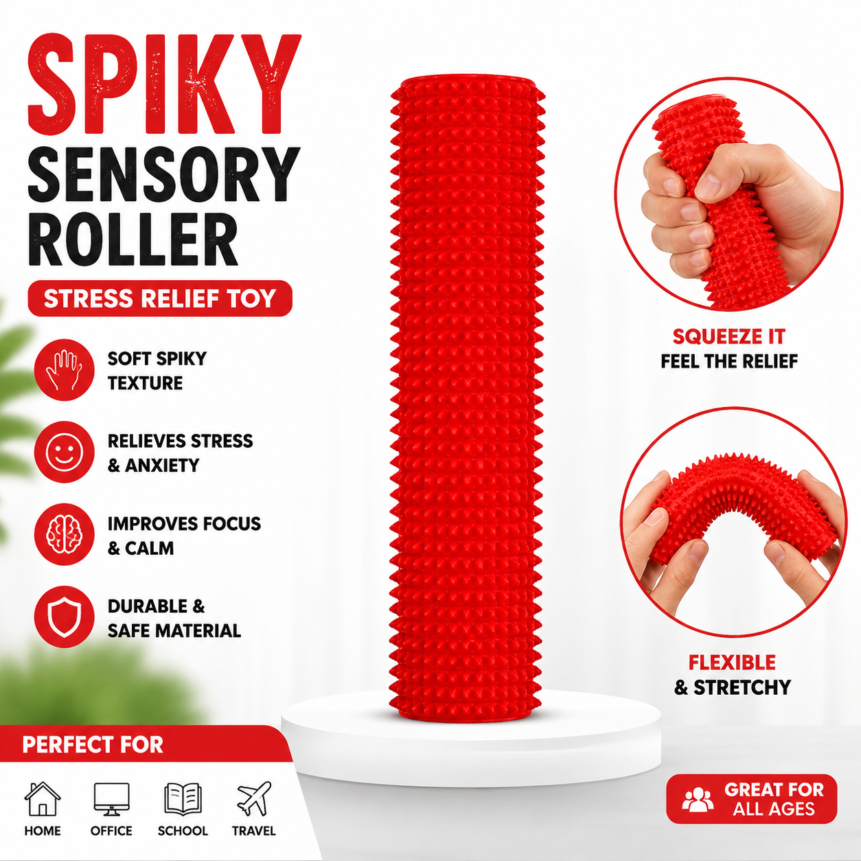 Spiky Sensory Fidget Toy, Soft Flexible Stress Relief Roller for Anxiety, Focus & Hand Therapy