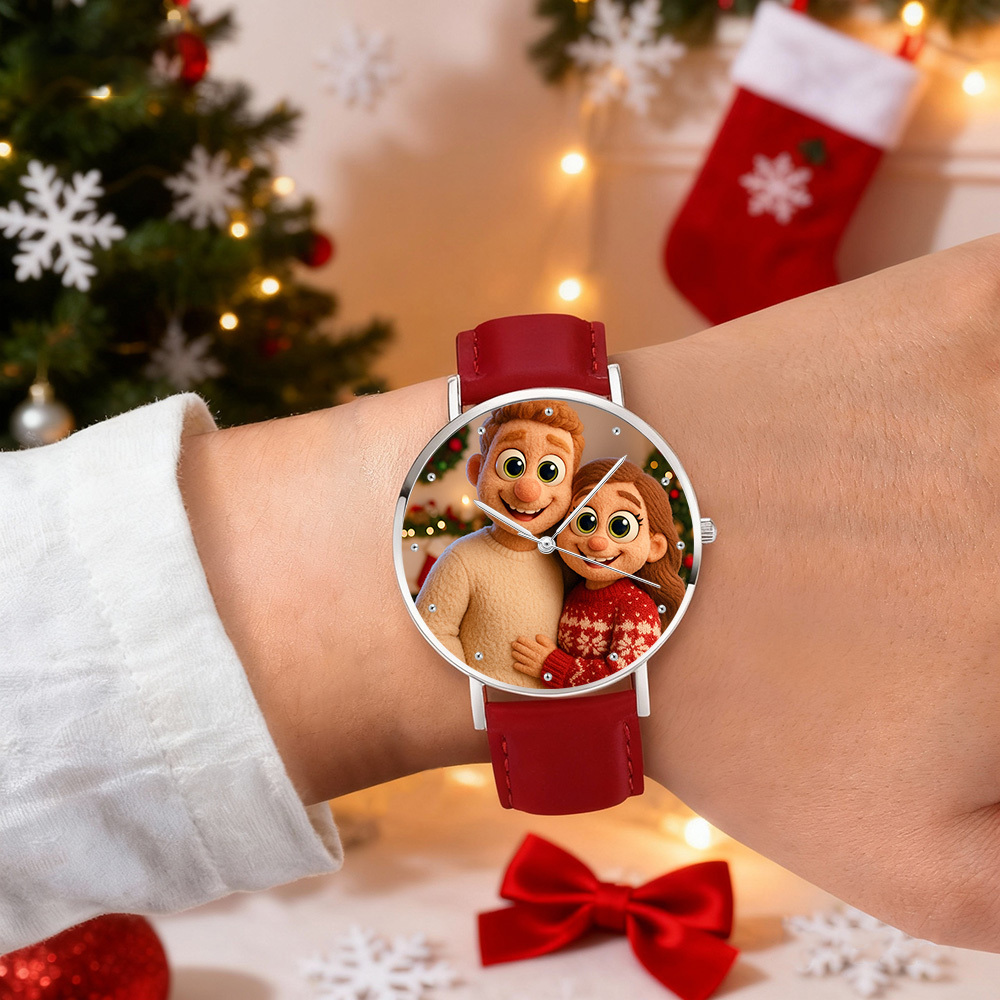 Personalized Engraved Watch, Photo Watch With Black Leather Strap