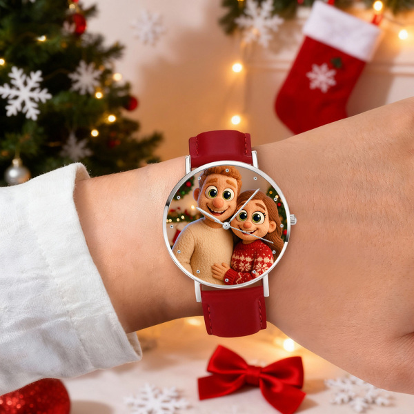 Personalized Engraved Watch, Photo Watch With Black Leather Strap