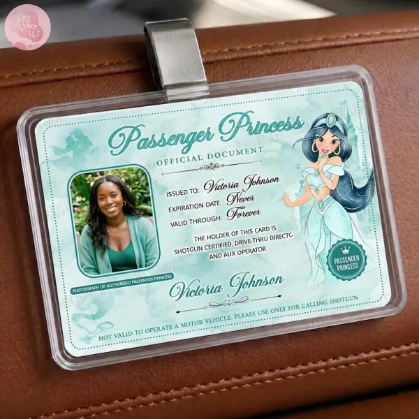 Personalized Princess Passenger ID Card, Jasmine Car Accessory, Custom Photo & Name Car Visor Clip, Gift for Her