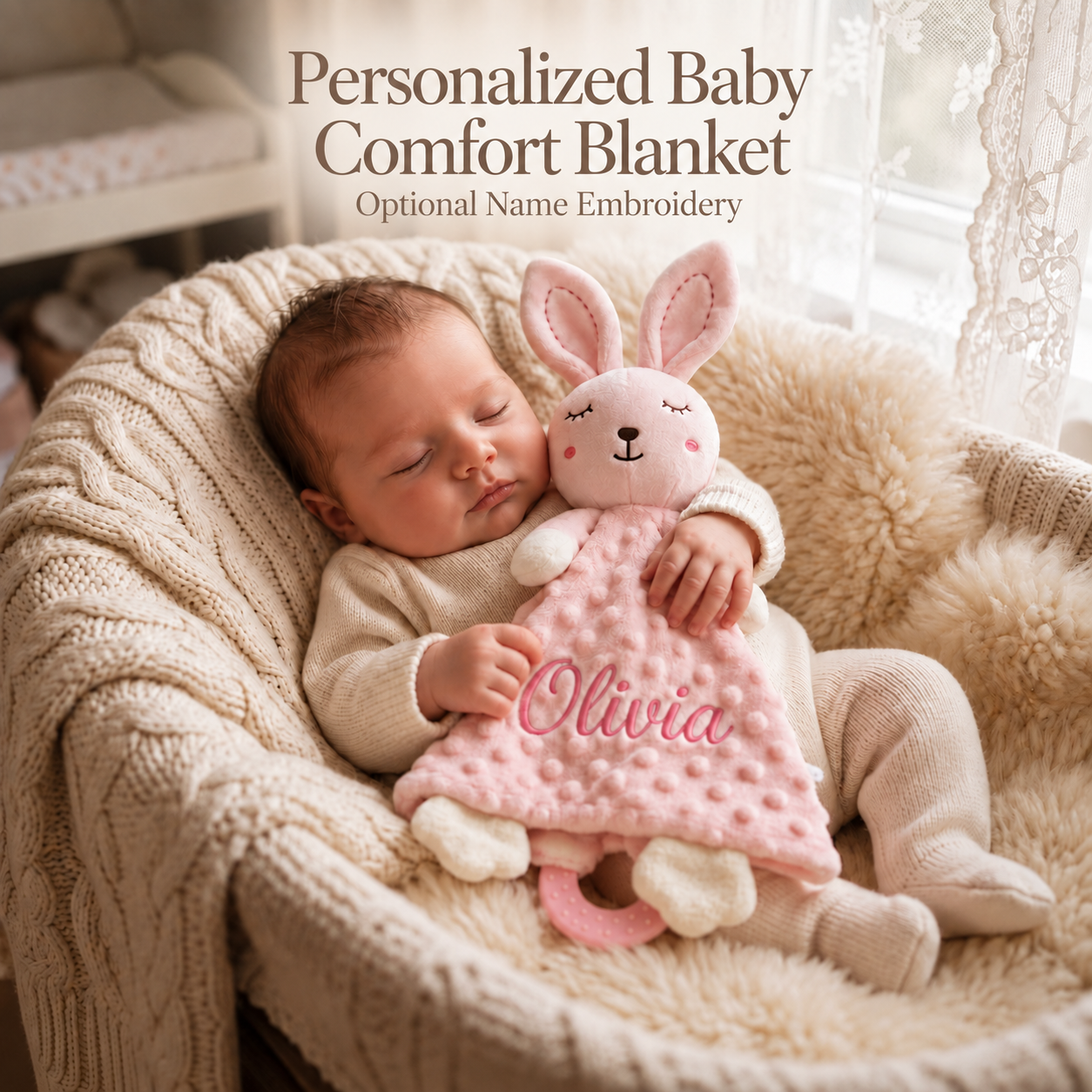 Baby Animal Comfort Blanket with Silicone Teether Soft Plush Cuddle Toy with Sensory Ribbon Tags