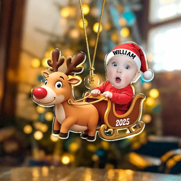 Custom Baby Photo Reindeer Christmas Acrylic Ornament - Photowatch