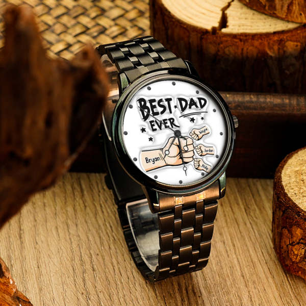 Custom Engraved Watch Men's Black Alloy Watch Holding Hands Bracelet Father's Day Gift for Dad - photowatch