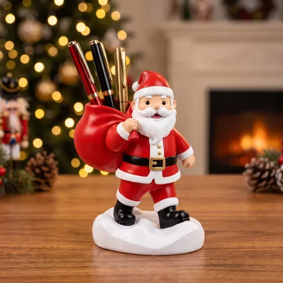 Santa Claus Figurine Pen Holder - Christmas Santa with Toy Sack Desk Organizer, Holiday Office Decor & Gift for Coworkers, Teachers & Family