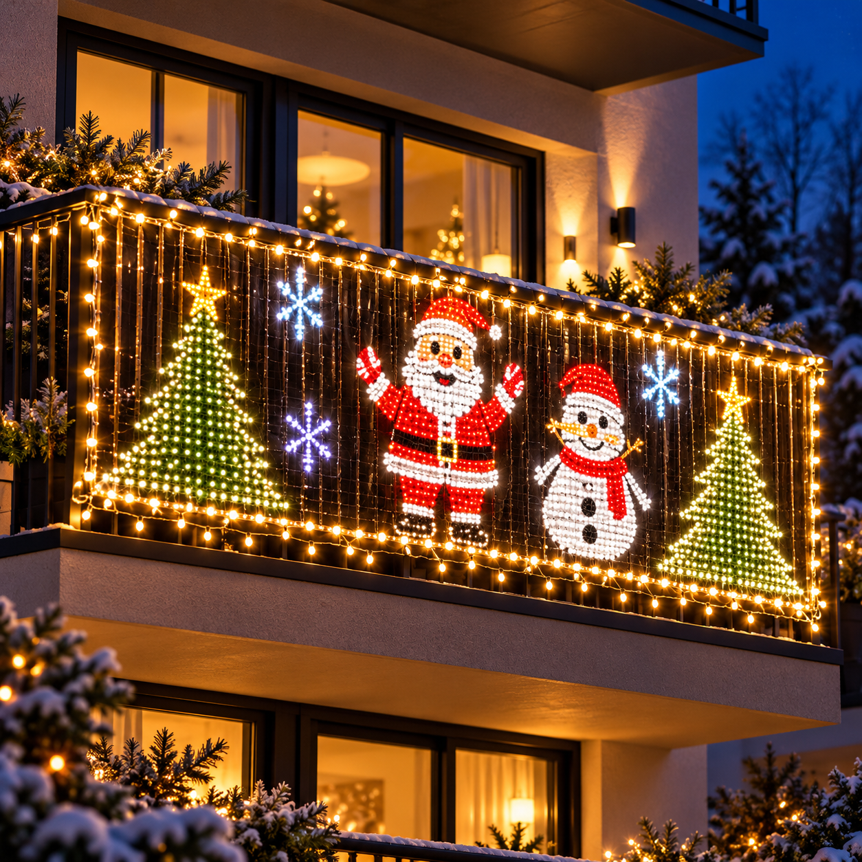 LED Christmas Balcony Lights with Festive Holiday Banner, Waterproof Outdoor String Light Set
