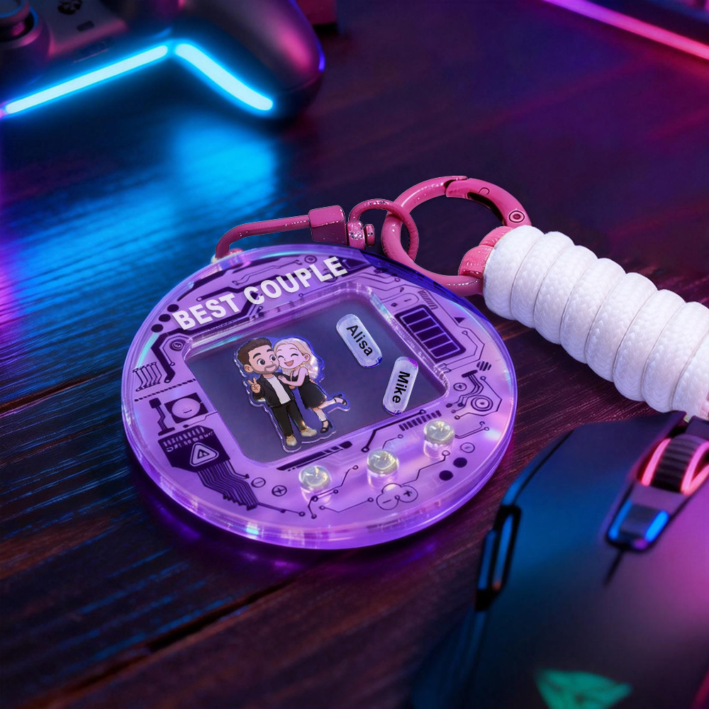 Personalized Shaker Couple Keychain, Custom Cartoon Portrait with Names, Tamagotchi Style Gift