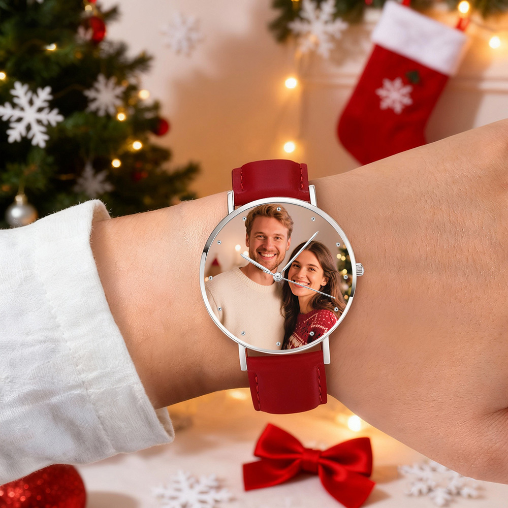 Personalized Engraved Watch, Photo Watch With Black Leather Strap