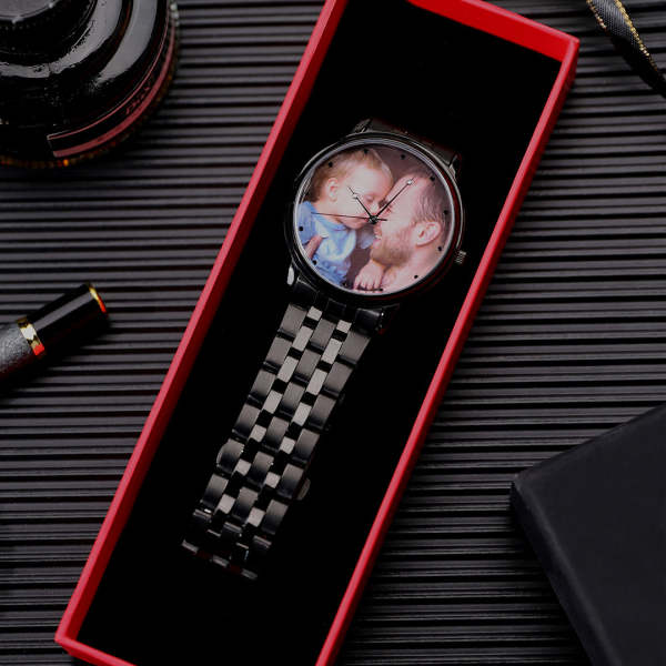 Men's Engraved Black Alloy Bracelet Photo Watch -Personalized Halloween Photo Watch Gift