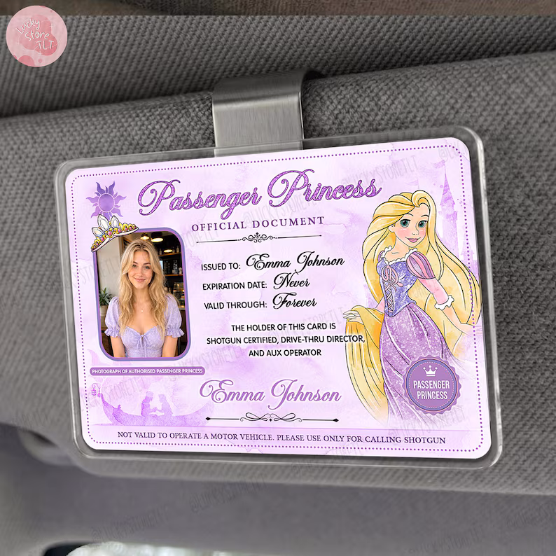Personalized Princess Passenger ID Card, Jasmine Car Accessory, Custom Photo & Name Car Visor Clip, Gift for Her