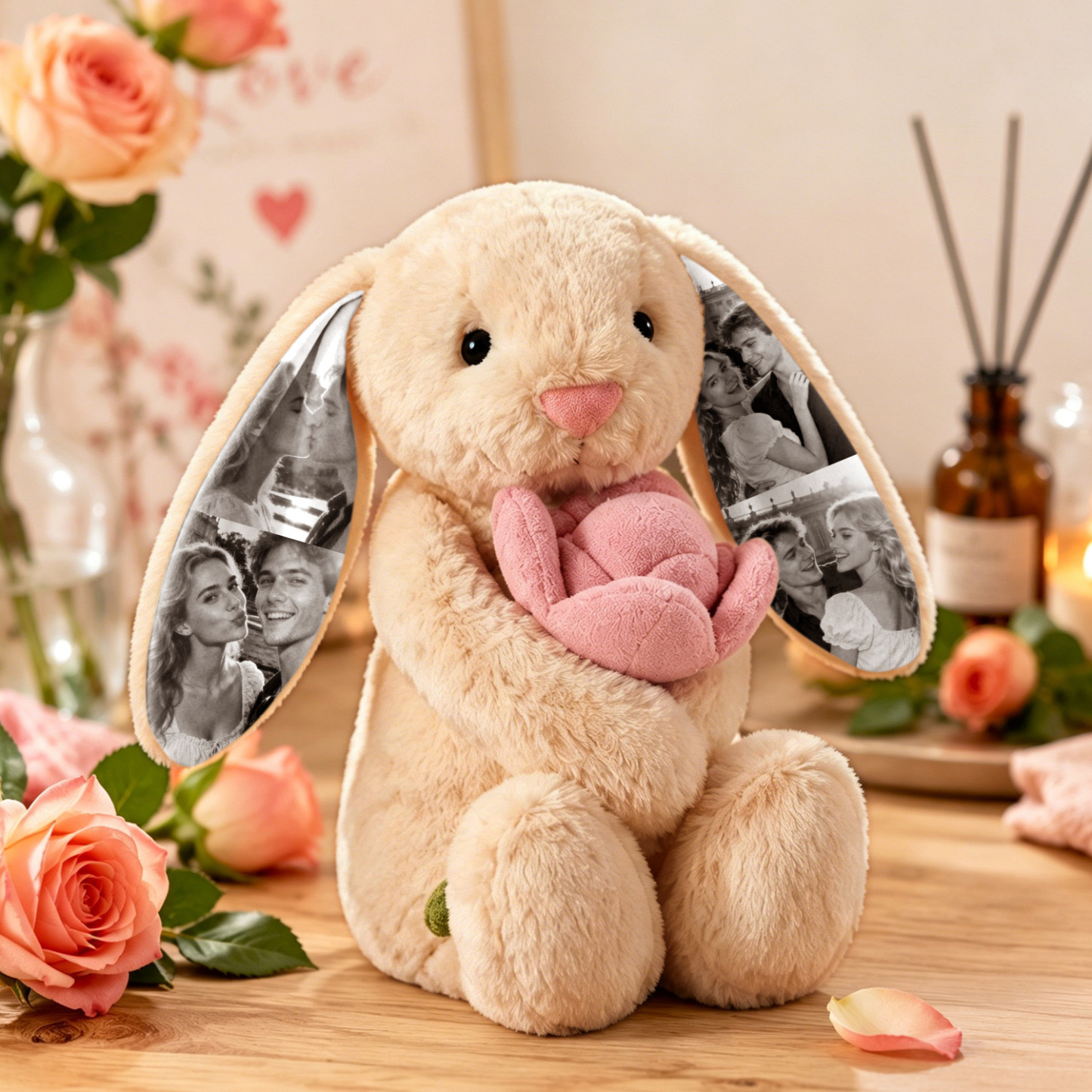 Custom Photo Red Love Heart Bunny Plush Personalized Hidden Ear Picture Bunny Gift for Couples Anniversary Gifts - Photowatch