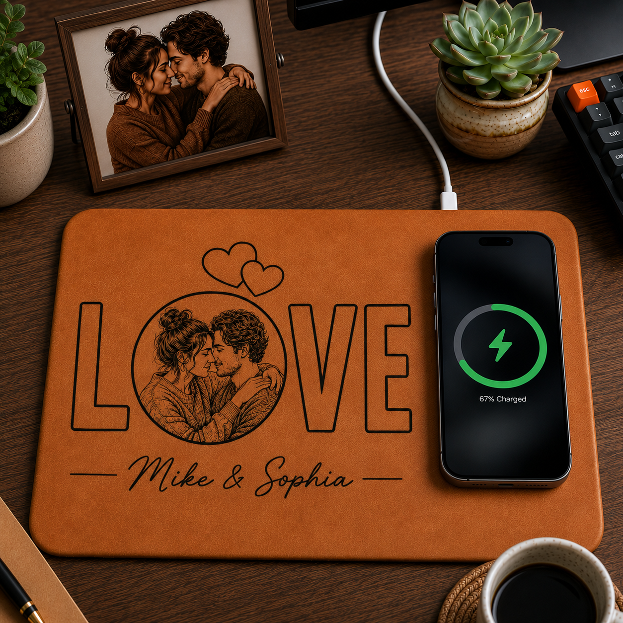 Personalized LOVE Wireless Charging Pad with Photo, Custom Couple Photo Charger, Anniversary Gift for Boyfriend Girlfriend, Romantic Valentine's Day Gift