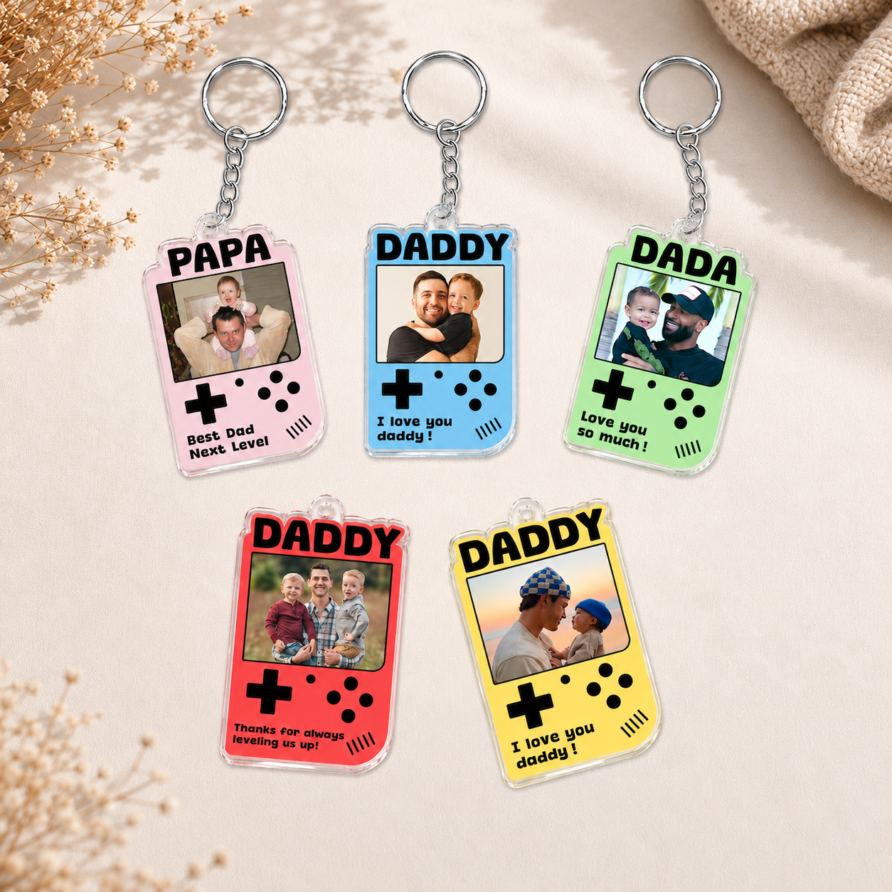 Custom Retro Game Console Photo Keychain for Dad – Personalized Acrylic Keychain from Photo, Father’s Day Gift for Daddy, Cute Gamer Style Keepsake