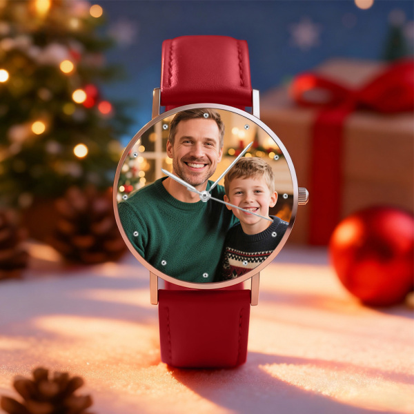 Personalized Engraved Watch, Photo Watch With Black Leather Strap