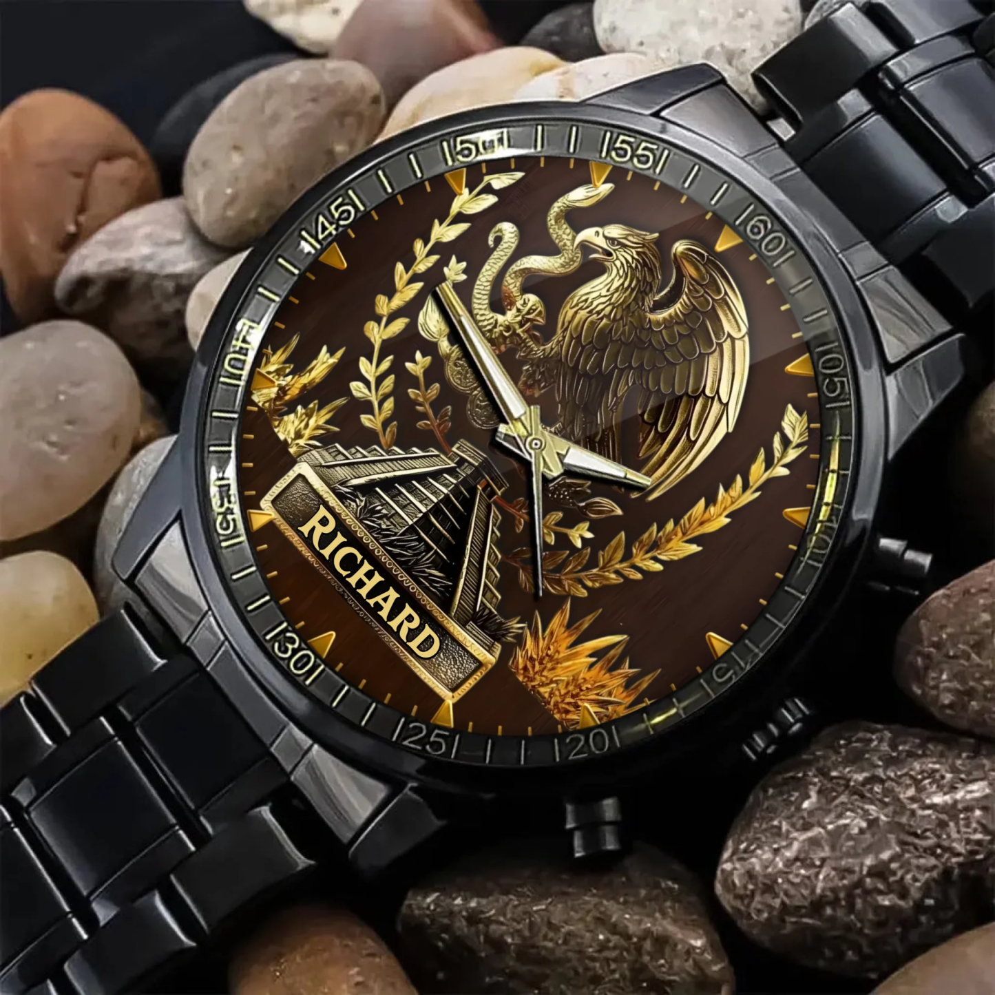 Custom Name Engraved Eagle Luxury Watch, Vintage Aztec Style Stainless Steel Timepiece, Personalized Gift for Men, Father’s Day Gift