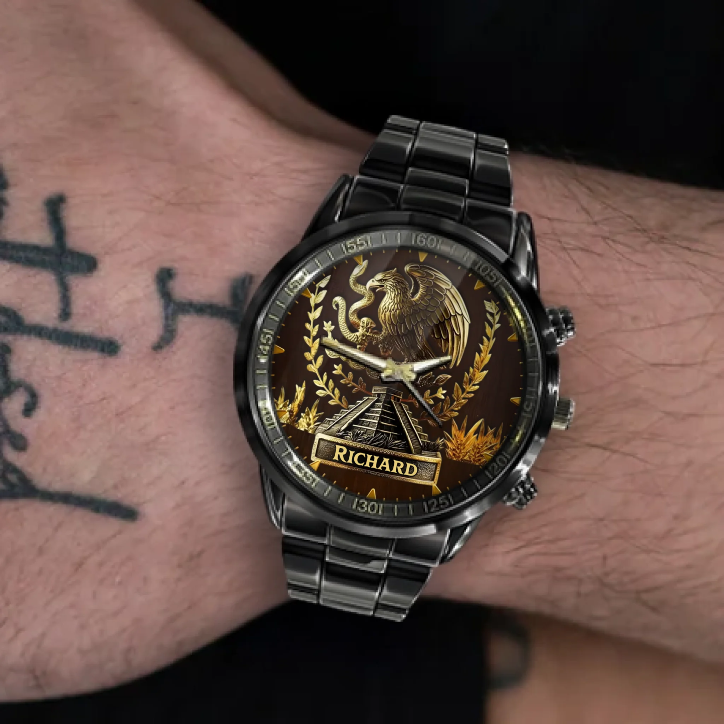 Custom Name Engraved Eagle Luxury Watch, Vintage Aztec Style Stainless Steel Timepiece, Personalized Gift for Men, Father’s Day Gift