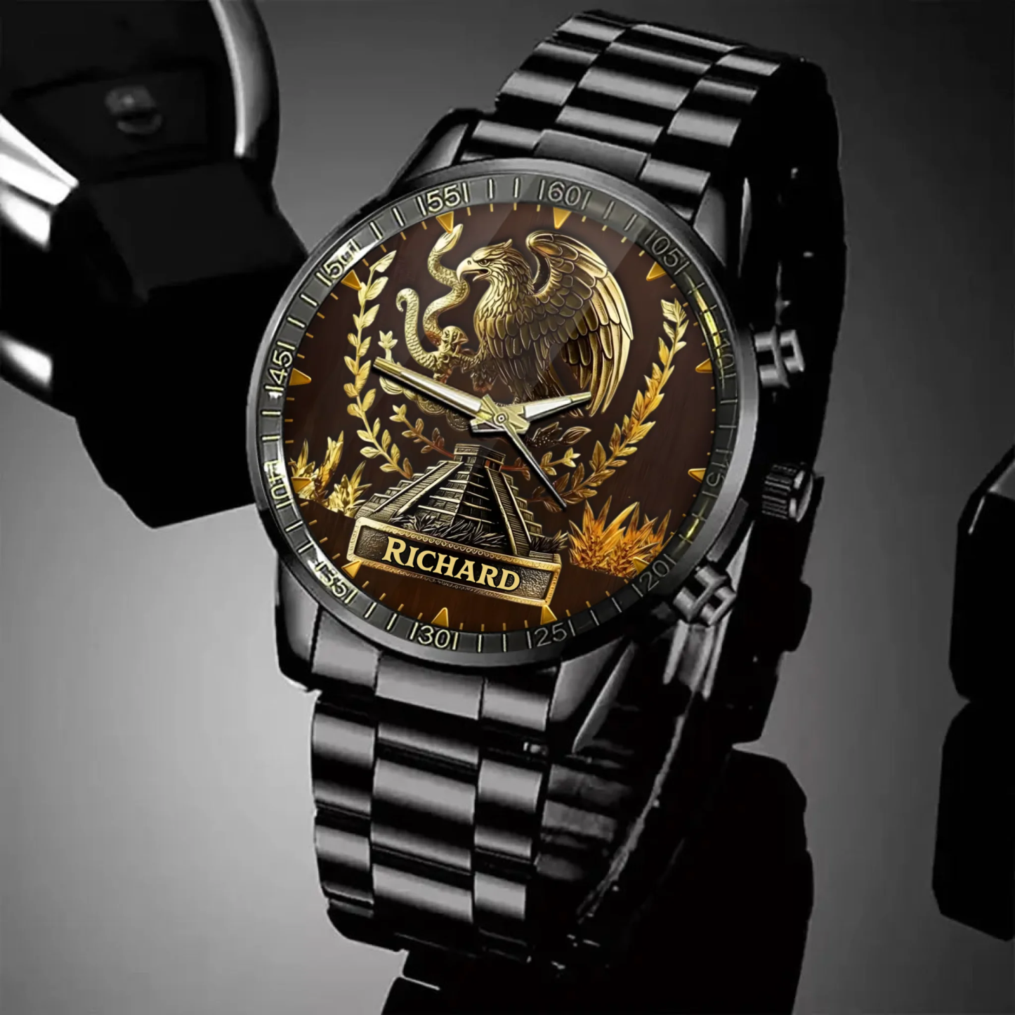 Custom Name Engraved Eagle Luxury Watch, Vintage Aztec Style Stainless Steel Timepiece, Personalized Gift for Men, Father’s Day Gift