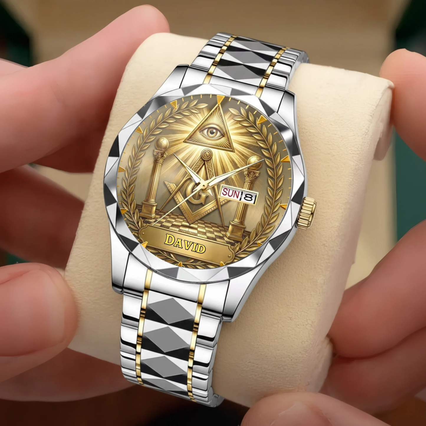 Custom Name Engraved Eye Symbol Gold Dial Watch, Luxury Stainless Steel Men’s Watch, Personalized Gift for Him