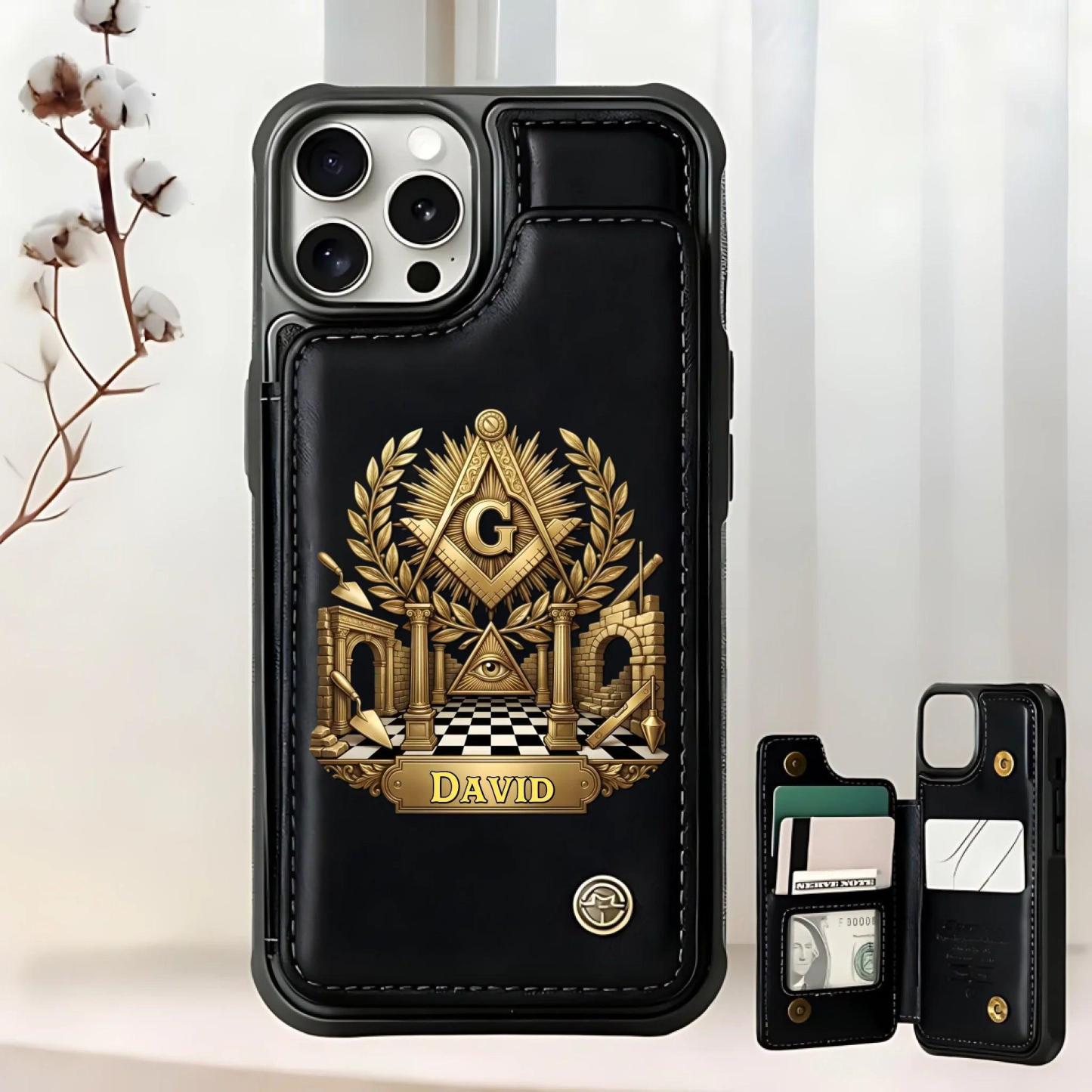 Custom Name Wallet Phone Case, Premium Leather Card Holder Case Masonic Inspired Design, Luxury Gift for Him, Father, Husband