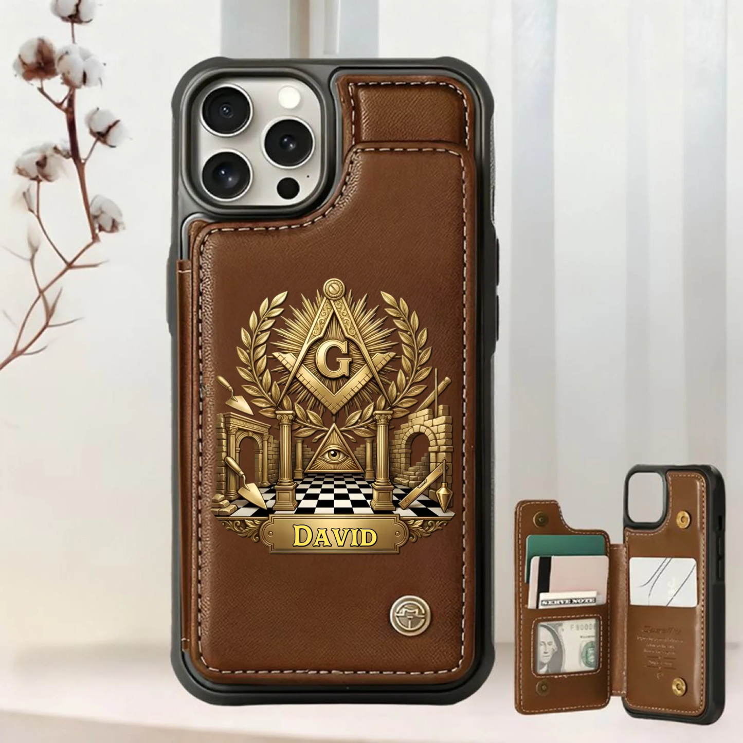 Custom Name Wallet Phone Case, Premium Leather Card Holder Case Masonic Inspired Design, Luxury Gift for Him, Father, Husband