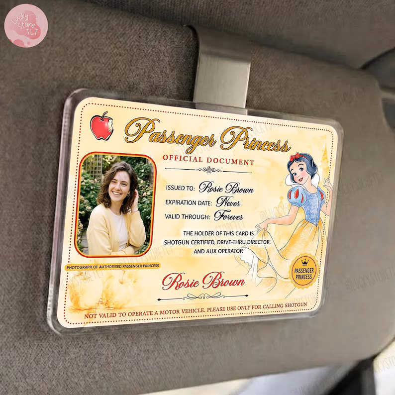 Personalized Princess Passenger ID Card, Jasmine Car Accessory, Custom Photo & Name Car Visor Clip, Gift for Her