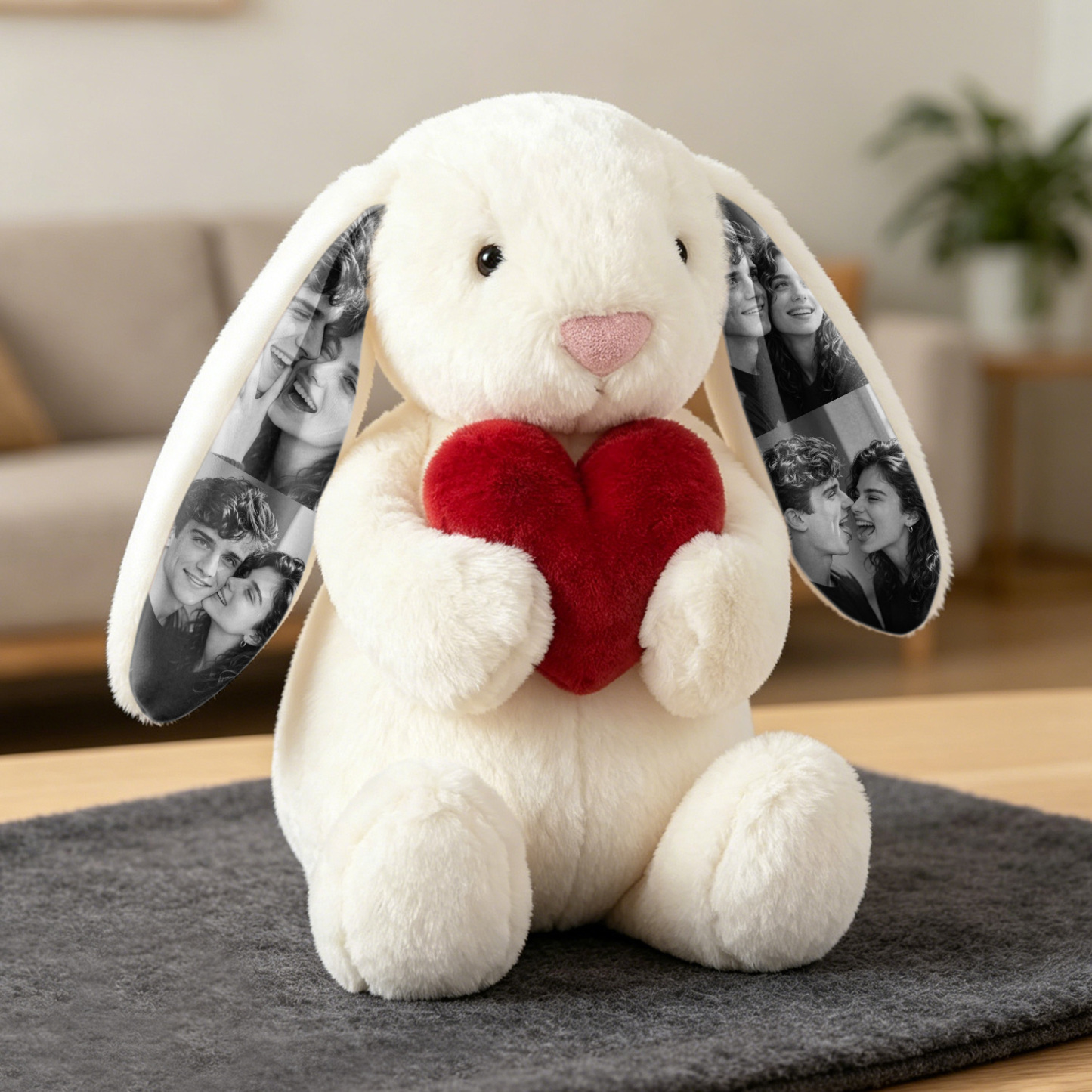 Custom Photo Red Love Heart Bunny Plush Personalized Hidden Ear Picture Bunny Gift for Couples Anniversary Gifts - Photowatch
