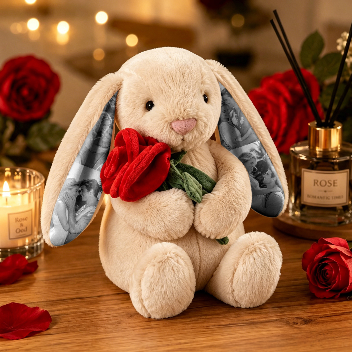 Custom Photo Red Love Heart Bunny Plush Personalized Hidden Ear Picture Bunny Gift for Couples Anniversary Gifts - Photowatch