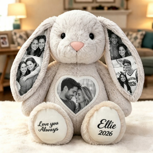 Custom Heart Photo Bunny Plush – Personalized Hidden Ear Picture Bunny Custom Text Anniversary Gift for Couples - Photowatch