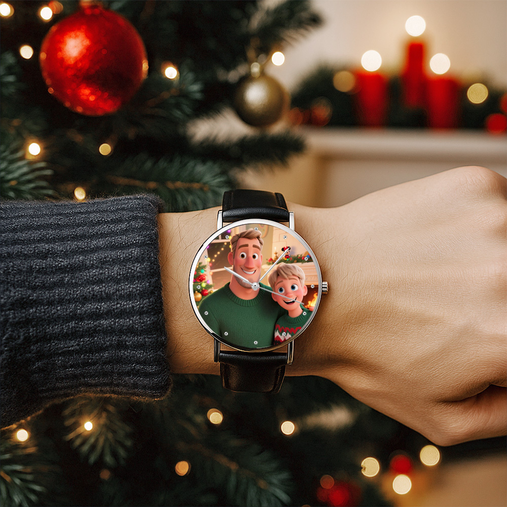 Personalized Engraved Watch, Photo Watch With Black Leather Strap