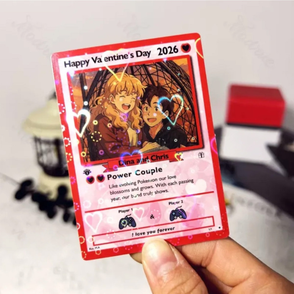 Personalized Valentine’s Day Power Couple Card, Custom Anniversary Card Couple Photo Anime Style, Best Valentine's Day Gift for Lover