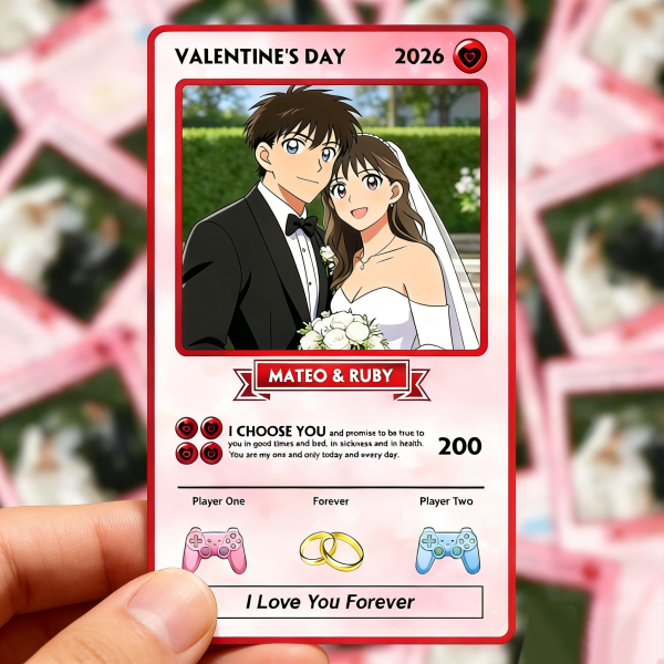 Personalized Valentine’s Day Power Couple Card, Custom Anniversary Card Couple Photo Anime Style, Best Valentine's Day Gift for Lover