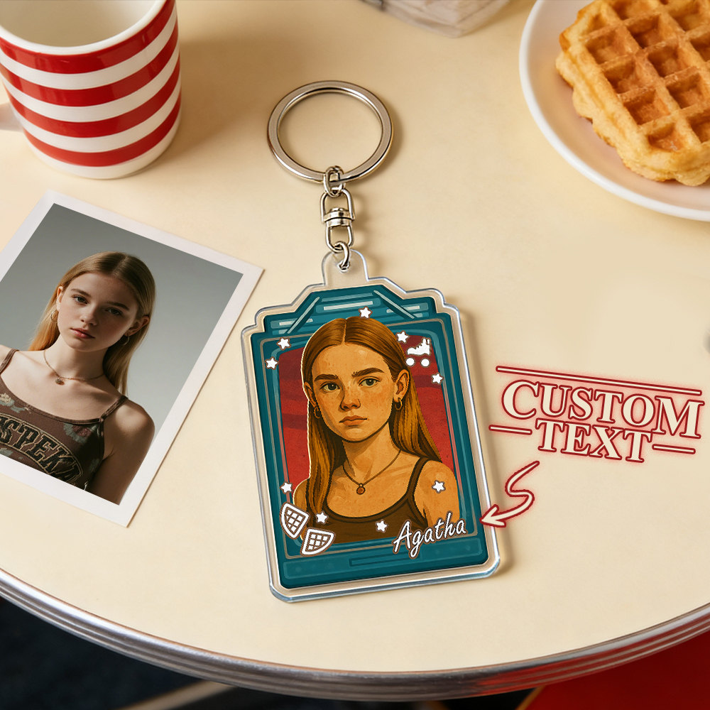 Custom 80s Retro Mystery-Style Keychain | Neon Synth Portrait | Personalized Name Gift